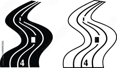 Winding road vector illustration with black silhouette and line art icons, highway path, journey track, asphalt street for transportation design.