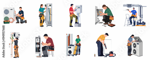 Set of flat illustrations featuring diverse technicians performing HVAC maintenance, electrical repairs, and plumbing installations on various residential and commercial systems.