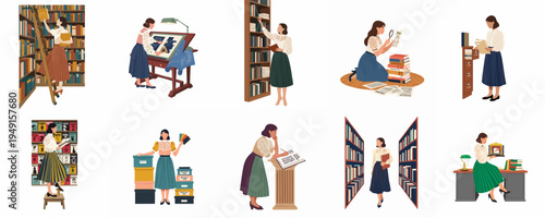 Collection of Vintage Style Illustrations Featuring Women Engaged in Research, Archiving, and Design Activities in Libraries and Offices