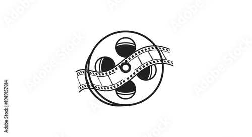 Hand drawn black film reel and movie strip icon on white background