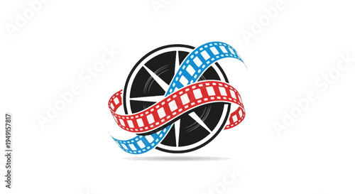 Vintage film reel with red and blue film strips swirling around.