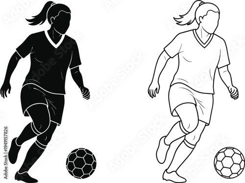 Female soccer player vector illustration with black silhouette and line art icons, girl playing football, athlete dribbling ball for sports.