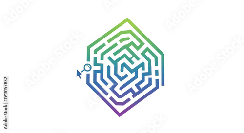 Hexagonal maze icon with magnifying glass representing problem solving and strategy.