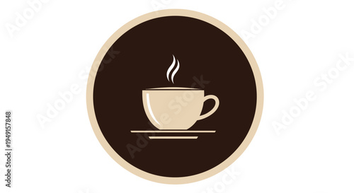 Minimalist vector illustration of a steaming hot coffee cup icon in a brown circle