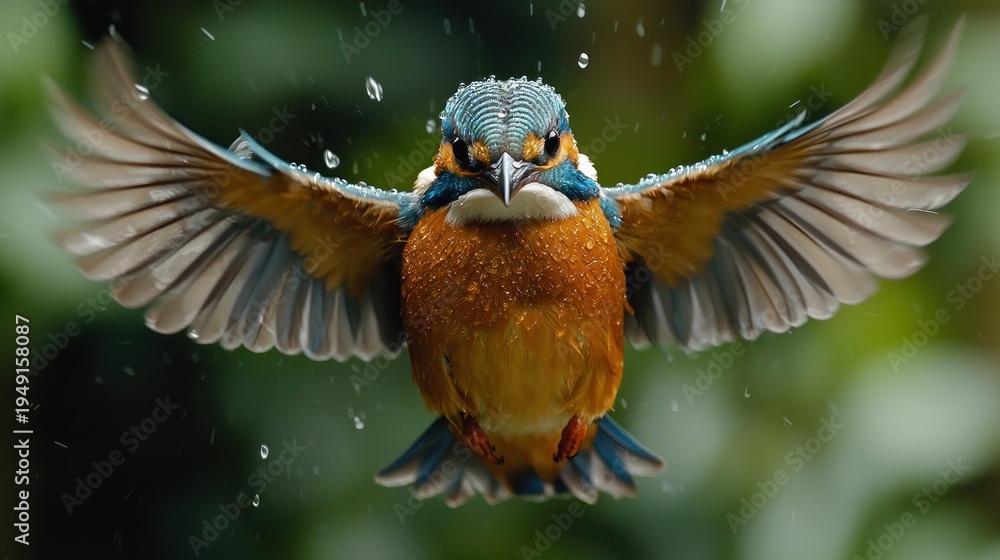 Fototapeta premium Vibrant Kingfisher in Mid-Flight, Wings Spread, Adorned with Sparkling Water Droplets