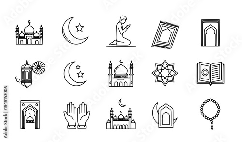 Islamic symbols and arabic architecture outline icons set with mosques prayer moon star vector
