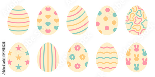Set of pastel Easter eggs with stripes, hearts, dots, stars, flowers, waves, bunny shapes. Isolated white background. Simple cute spring holiday illustration for card, print. Flat vector. Hand drawn.