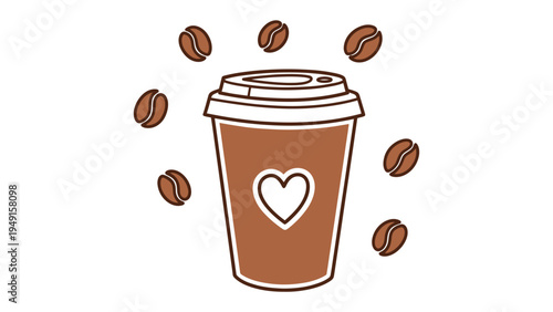 Coffee Cup Delight: An illustrated coffee cup adorned with a heart symbol, surrounded by coffee beans, exudes warmth and the promise of a delightful beverage.