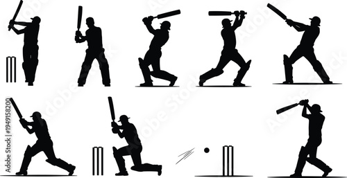 A collection of eight silhouetted cricket players in various batting poses with wickets and a ball scattered across a white background showcasing the sport's diverse actions