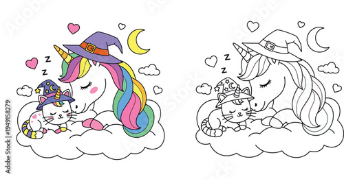 Sleeping Unicorn and Cat with Witch Hats on a Cloud at Night