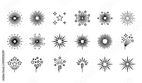 Fireworks and sparkle outline icons set with festive celebration stars linear vector symbols