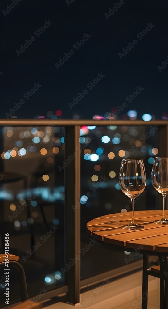 Obraz premium Romantic evening with wine glasses on a balcony overlooking a blurred city skyline at night