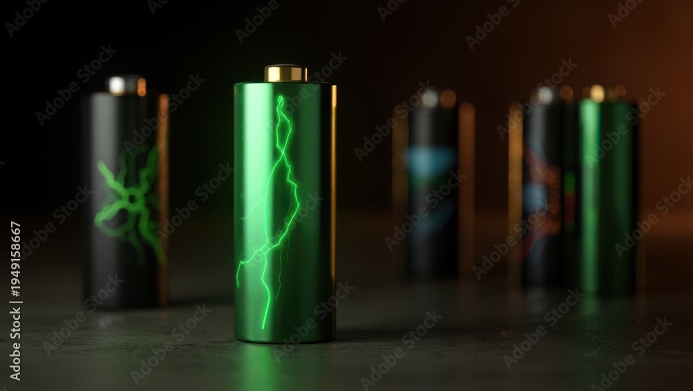 Fototapeta premium A close up view of a green glowing battery standing on a dark surface with blurred batteries behind
