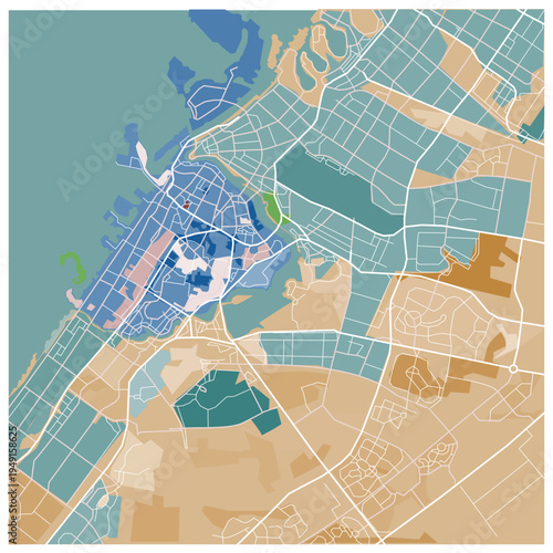 Stylized vector map of Dubai city United Arab Emirates showing urban districts, major road networks, waterways, and surrounding landscape in a modern abstract cartographic design.