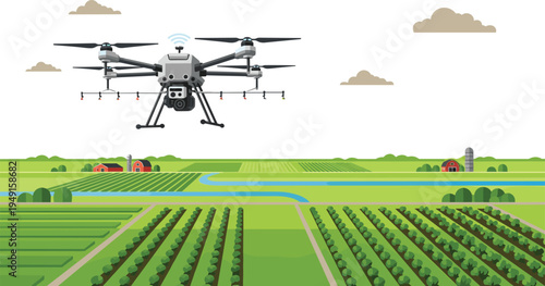 Agricultural drone spraying crops over farmland fields smart farming technology precision agriculture vector landscape illustration
