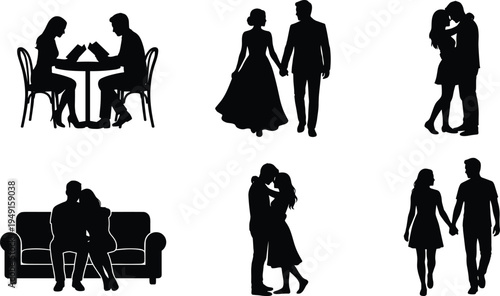 Romantic couple silhouette set, dating reading walking hugging kissing love relationship black vector isolated illustration collection