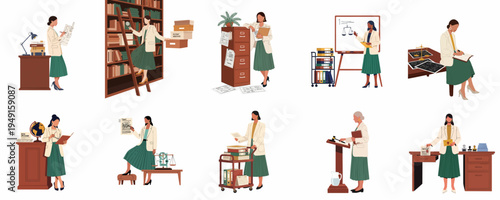 Collection of professional women in patent law and legal offices, illustrating various research, archiving, and administrative activities in a flat vector style.