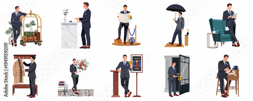 Professional Male Hotel Concierge Providing Various Hospitality Services and Guest Assistance Illustration Set