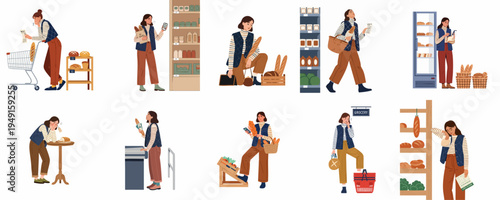 Collection of illustrations showing a woman feeling stressed and sad while managing a tight budget and high food prices at the grocery store.