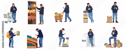 Collection of illustrations featuring men shopping for groceries and food items while interacting with their mobile phones in different supermarket scenarios.