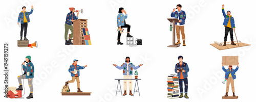 Collection of diverse young activists and public speakers in casual denim outfits, engaged in advocacy, protest, and community leadership.