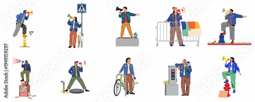 Set of diverse people shouting through megaphones in denim jackets, representing activism, social change, and urban protest movements.