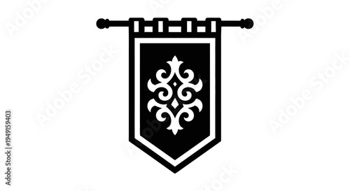 Black and white heraldic banner symbol.
