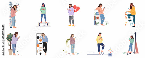 Illustrations of young women dealing with social media addiction, loneliness, and emotional stress through smartphone usage.