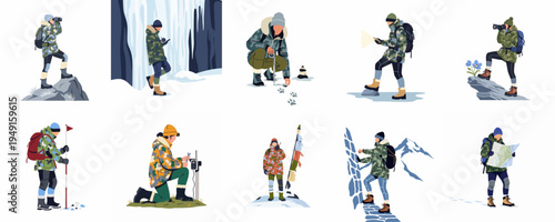Illustrations of explorers and researchers in winter gear conducting scientific field work, tracking, climbing, and mapping in cold mountain environments.