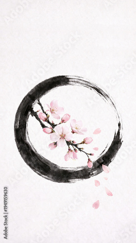 Cherry blossom flowers inside a black ink circle on white background, minimalist Japanese brush style illustration, zen balance concept, spring floral symbol, springtime.