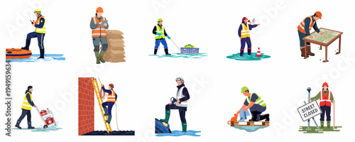 Professional Emergency Response and Flood Rescue Personnel Illustration Set Showing Various Relief and Safety Operations During Natural Disasters.