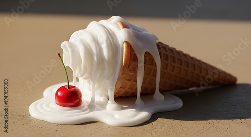 Ice cream cone with cherry on a textured surface