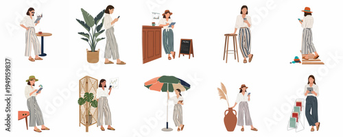 Collection of flat style illustrations featuring a fashionable woman in various daily scenarios using digital devices like tablets and smartphones.