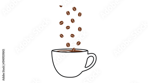 Brewing Delight: A whimsical illustration captures the essence of a perfect coffee moment, showcasing coffee beans gracefully cascading into a steaming cup, promising a warm, flavorful experience.