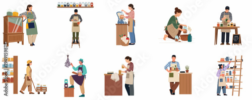 Set of diverse people shopping at a zero-waste bulk store, refilling jars and organizing sustainable pantry items in a flat vector style.