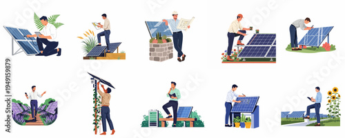 Collection of illustrations featuring technicians and engineers installing, maintaining, and planning solar energy systems in various professional settings.