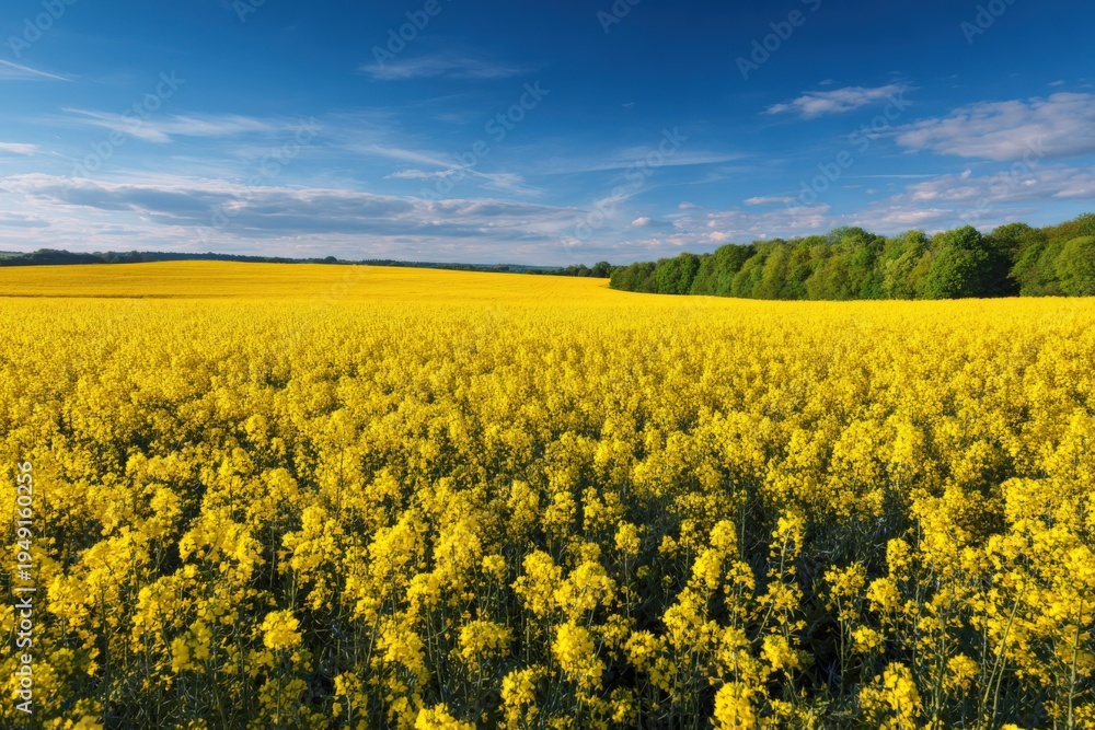 Obraz premium Sweeping yellow canola field under dramatic blue sky with textured clouds and green tree border creating contrast and depth