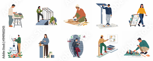 A diverse set of professional architects and engineers designing sustainable homes and urban spaces using solar panels and renewable energy technologies.
