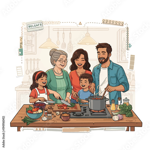 Family Cooking Together Illustration Happy Grandma Mom Dad Kids Preparing Meal Kitchen Scene Vector Art Digital Painting Food Love