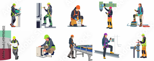 Flat vector illustration set of diverse industrial workers in safety gear performing various maintenance, inspection, and technical tasks in a factory setting.
