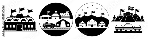 Military base with tanks, helicopters, and soldiers vector illustration flat design