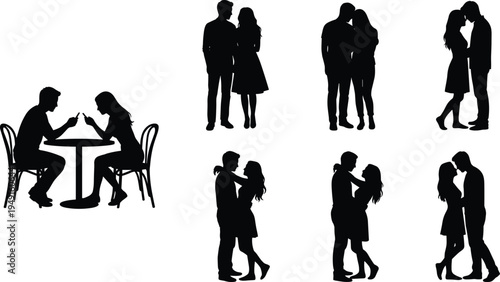 Romantic couple silhouette set, dating texting hugging kissing love relationship black vector isolated illustration collection