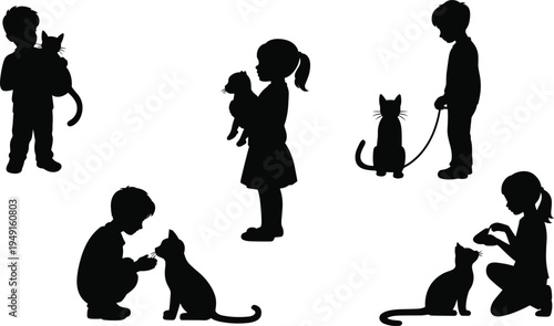 Children interacting with cats in various poses and activities showcasing companionship and care silhouettes