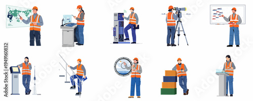 Collection of diverse port and maritime workers in high-visibility gear performing various logistics and operational tasks in a modern industrial setting.