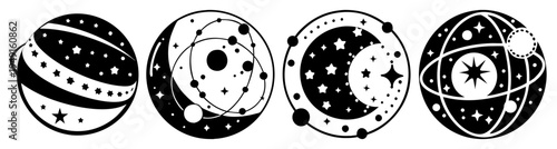 Four celestial globes with zodiac signs and stars rotating universe astrology vector illustration