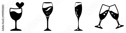 Champagne glasses toast celebration vector illustration, minimalist flat design, black and white scalable art