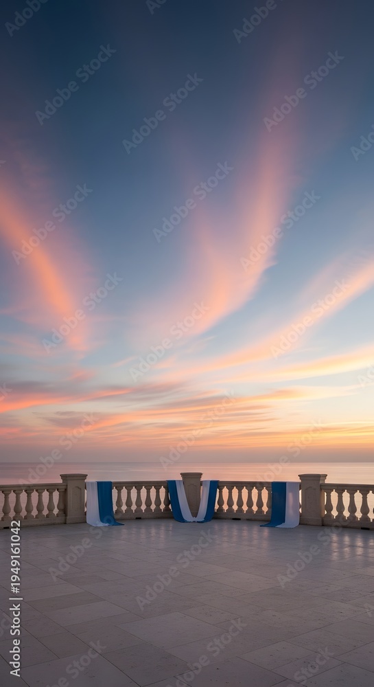 Obraz premium Beautiful sunset view from a stone terrace overlooking the calm sea
