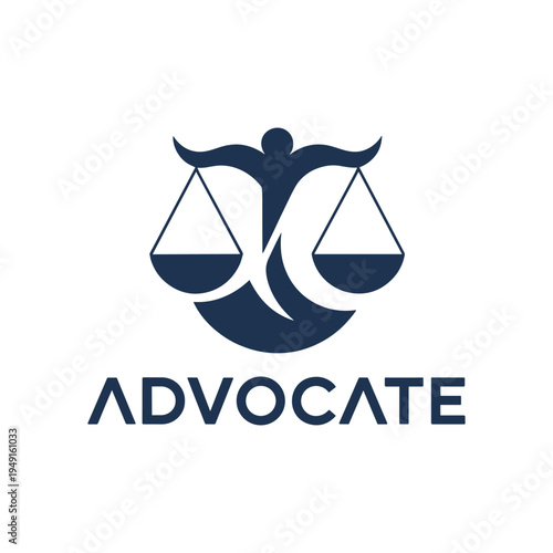 Dark blue advocate logo with scales and text