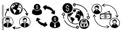 Global business team collaborating on currency exchange and financial growth vector illustration flat design