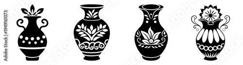 Decorative black and white floral vases set vector illustration, elegant minimalist home decor, scalable art graphic design